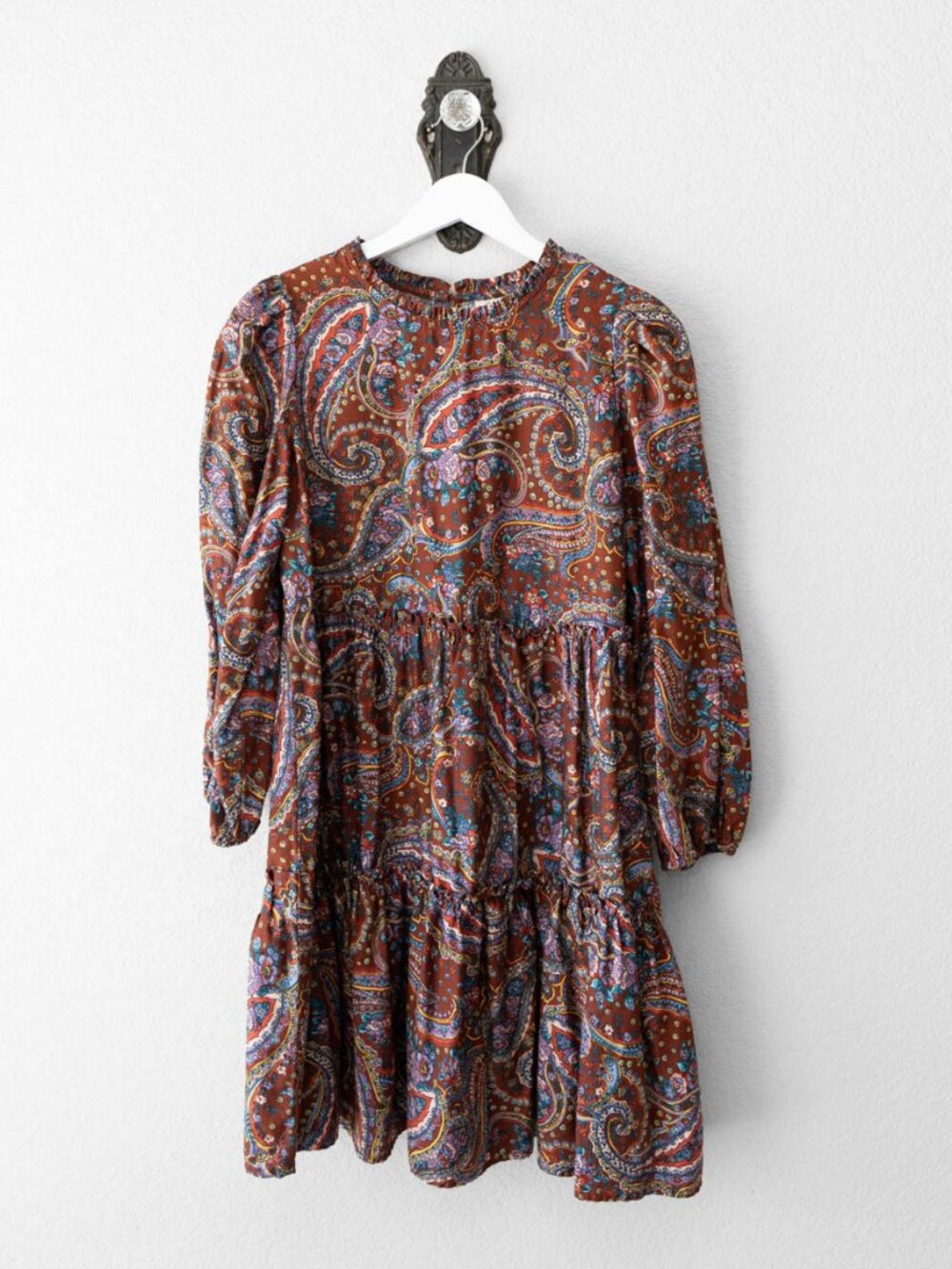 a.n.a Brown Paisley Tiered Peasant Prairie Boho Dress Women's Medium Cotton